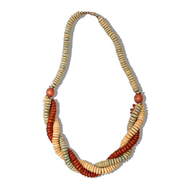 Vintage Twisted Wood Bead Necklace 3 Strand Retro Boho Brown Cream Blue - Picture 9 of 9